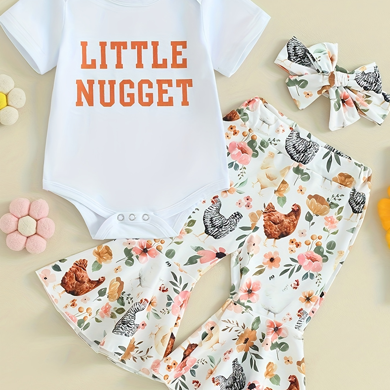 

Baby's "little Nugget" Print 2pcs Casual Outfit, Short Sleeve Onesie & Headband & Hen Allover Print Flared Pants Set, Toddler & Infant Girl's Clothes
