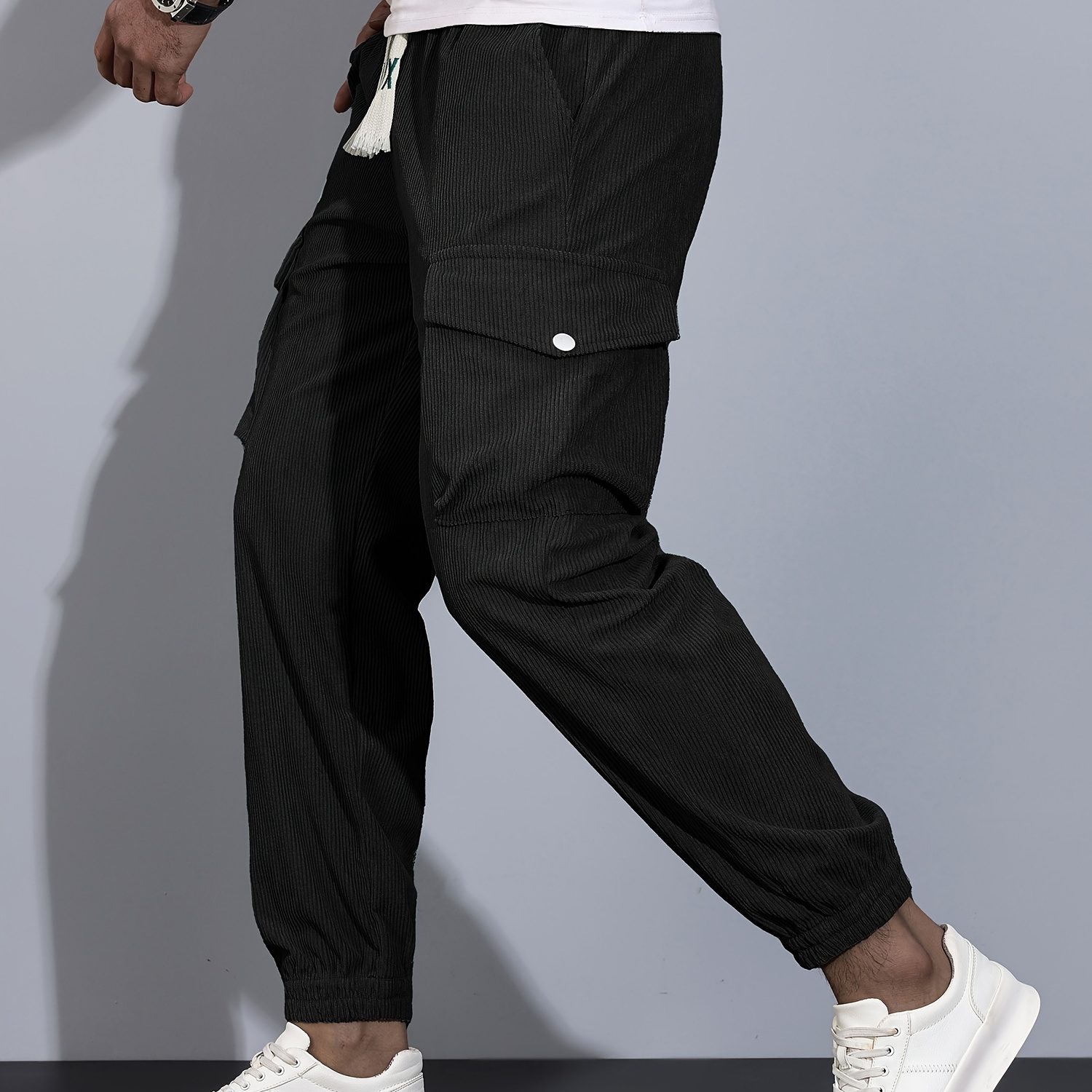 

Men's Stylish Solid Cargo Pants With Multi Pockets, Drawstring Joggers For Outdoor
