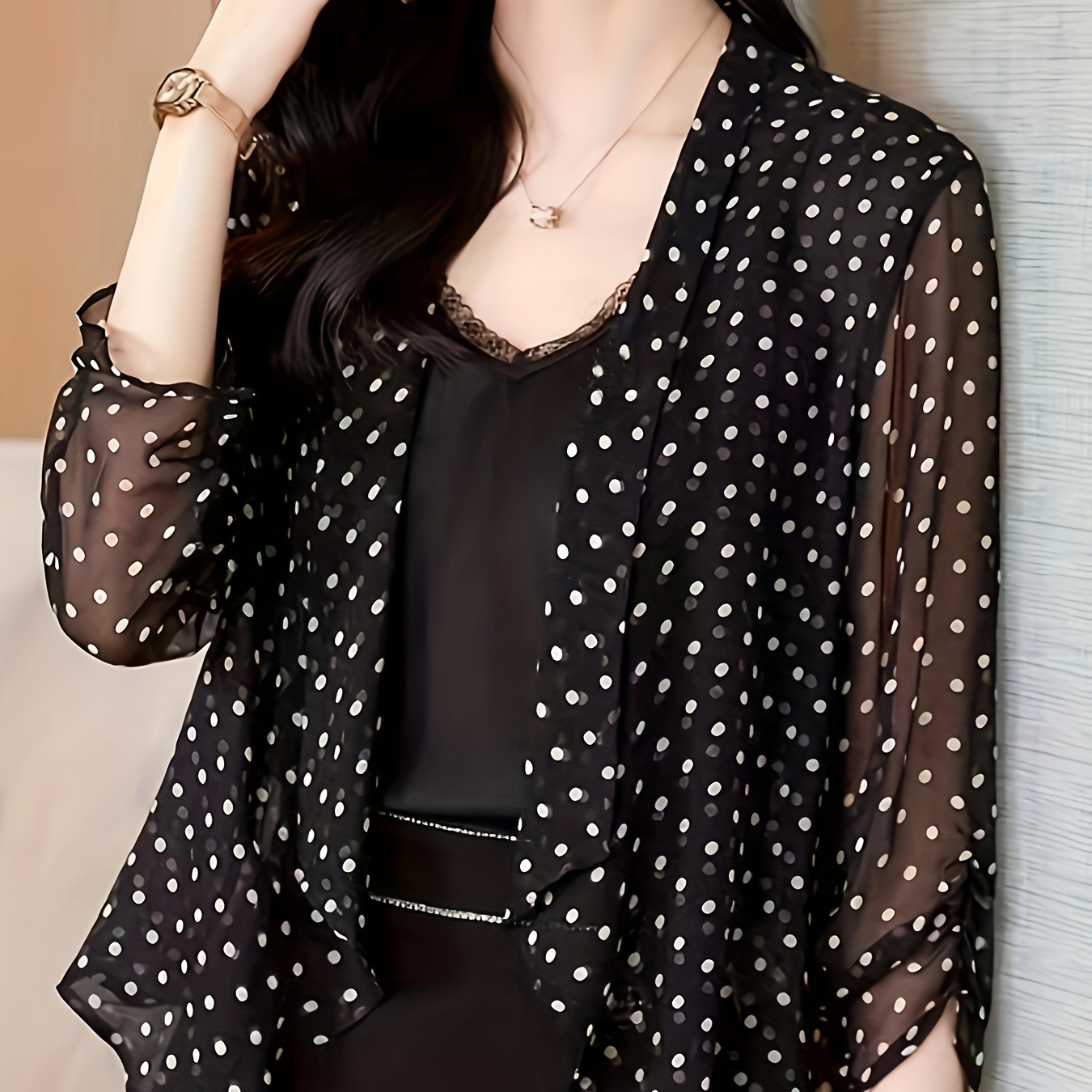 

Polka Dot Open Front Cardigan, Casual 3/4 Sleeve Outerwear, Women's Clothing