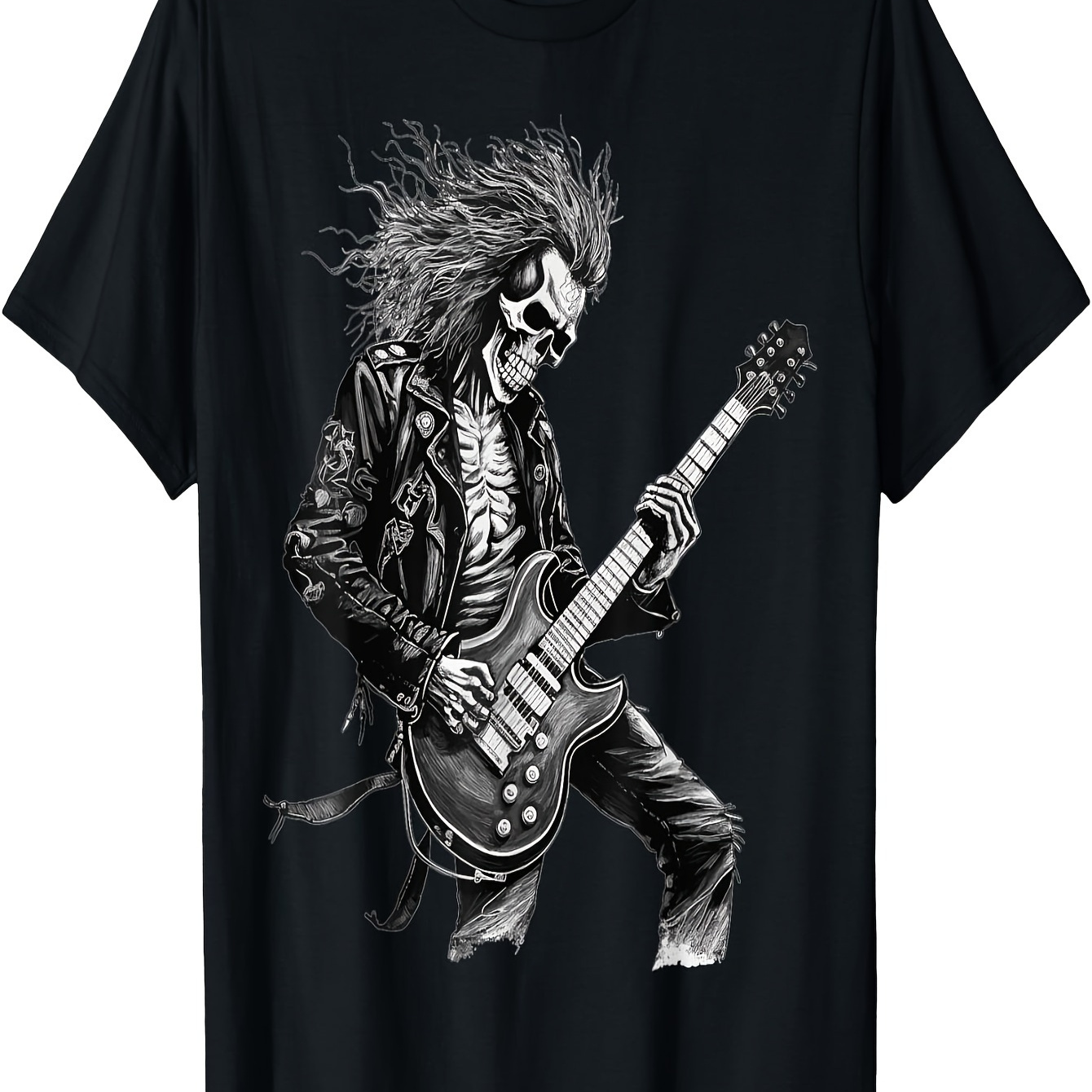 

Men's Rock & Roll Skeleton Guitarist Graphic T-shirt - 100% Cotton, Short Sleeve, Crew Neck In Black | Edgy Music , Non-transparent With Stretch Fabric | Casual Wear,