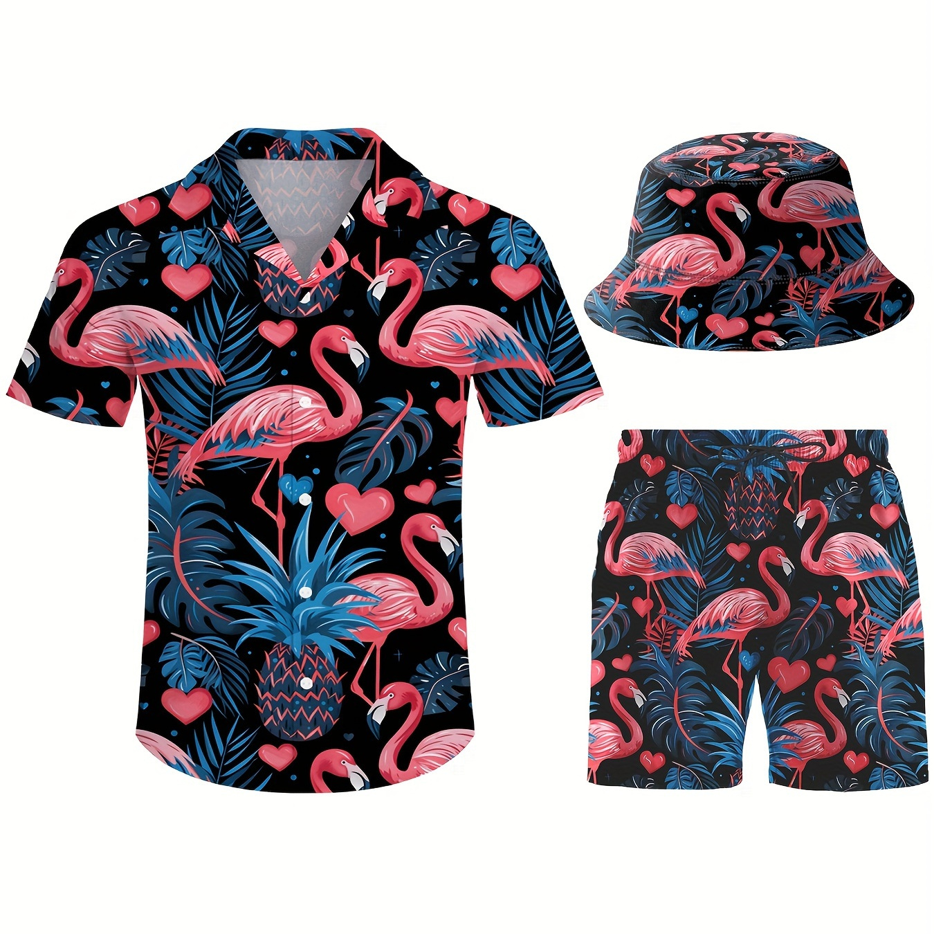 

Men's 3pcs Retro Outfit Beach Set, Palm Leaves And Flamingos Sportswear, Hawaiian Sportswear Set, Shirt Beach Shorts And Hat Bucket Hat