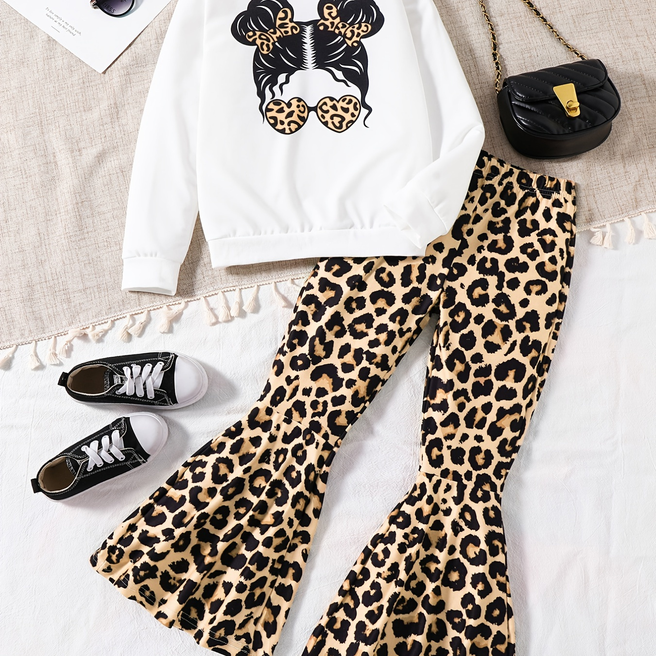 

Girl's Trendy Outfit 2pcs, Sweatshirt & Leopard Pattern Flared Pants Set, Sunglasses Girl Print Kid's Clothes For Spring Fall