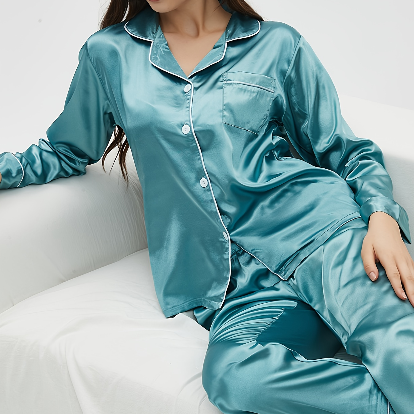 Solid Satin Pajama Set Short Sleeve Buttons Top Elastic - Temu