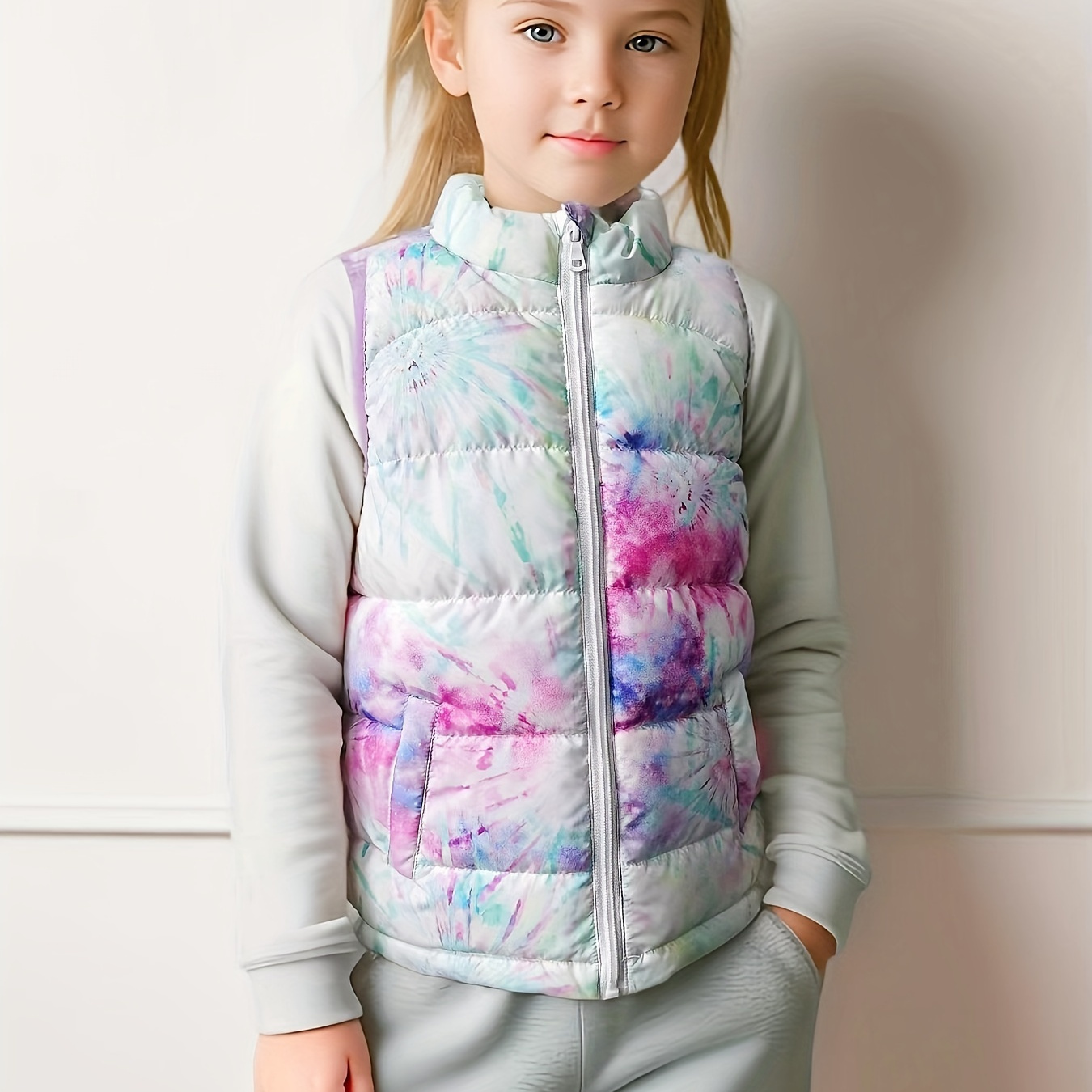 

Girls' Colorful Tie-dye Puffer Vest, Sleeveless Faux Down Winter Outerwear, Fashionable Insulated Zip-up Waistcoat For Kids