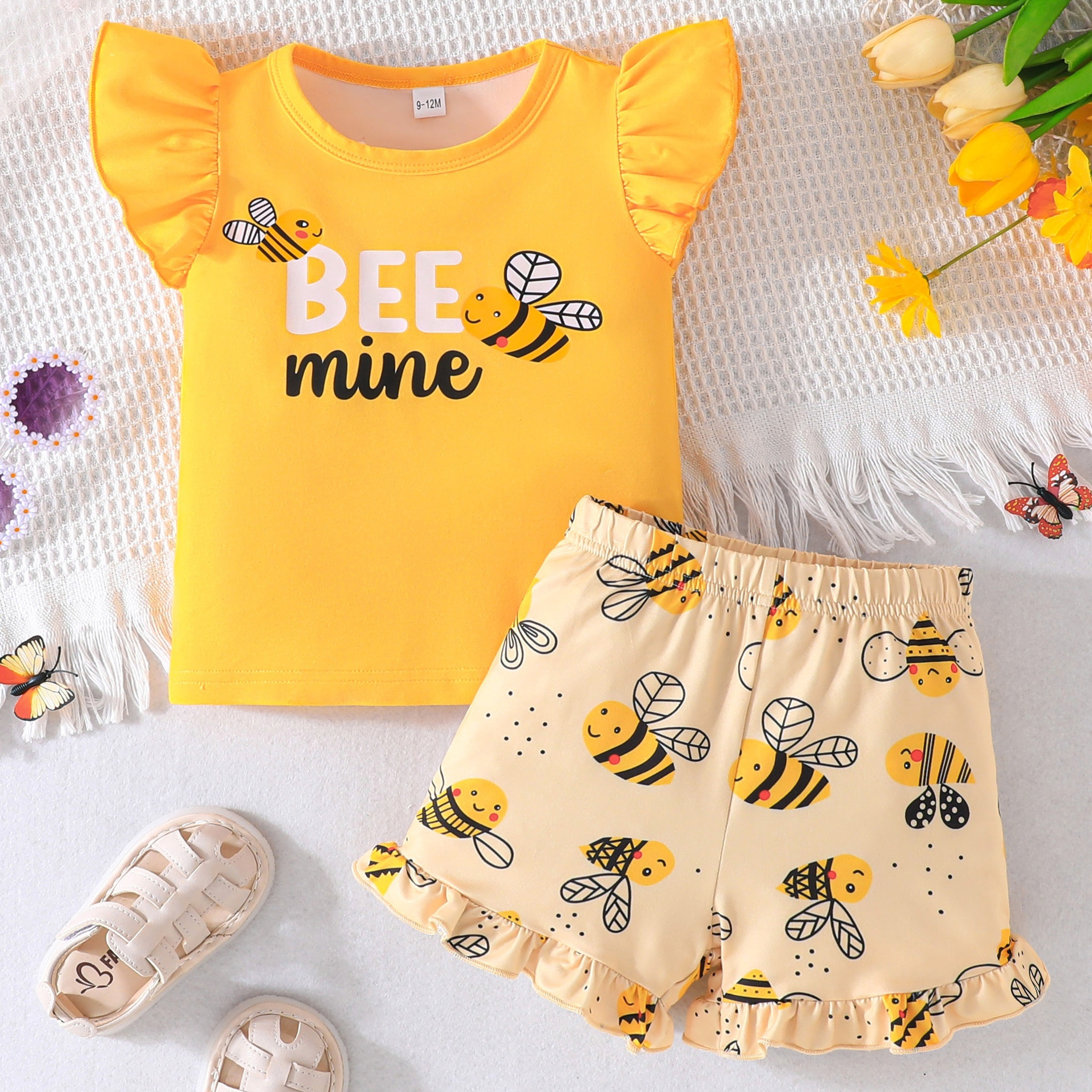 

Baby's Lovely "bee Mine" Print 2pcs Outfit, Cap Sleeve Top & Ruffle Trim Shorts Set, Toddler & Infant Girl's Clothes For Summer