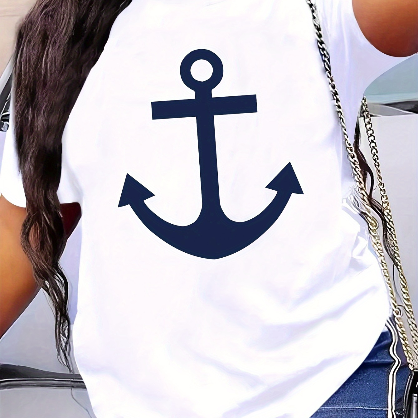 

Plus Size Anchor Print T-shirt, Casual Crew Neck Short Sleeve T-shirt, Women's Plus Size clothing