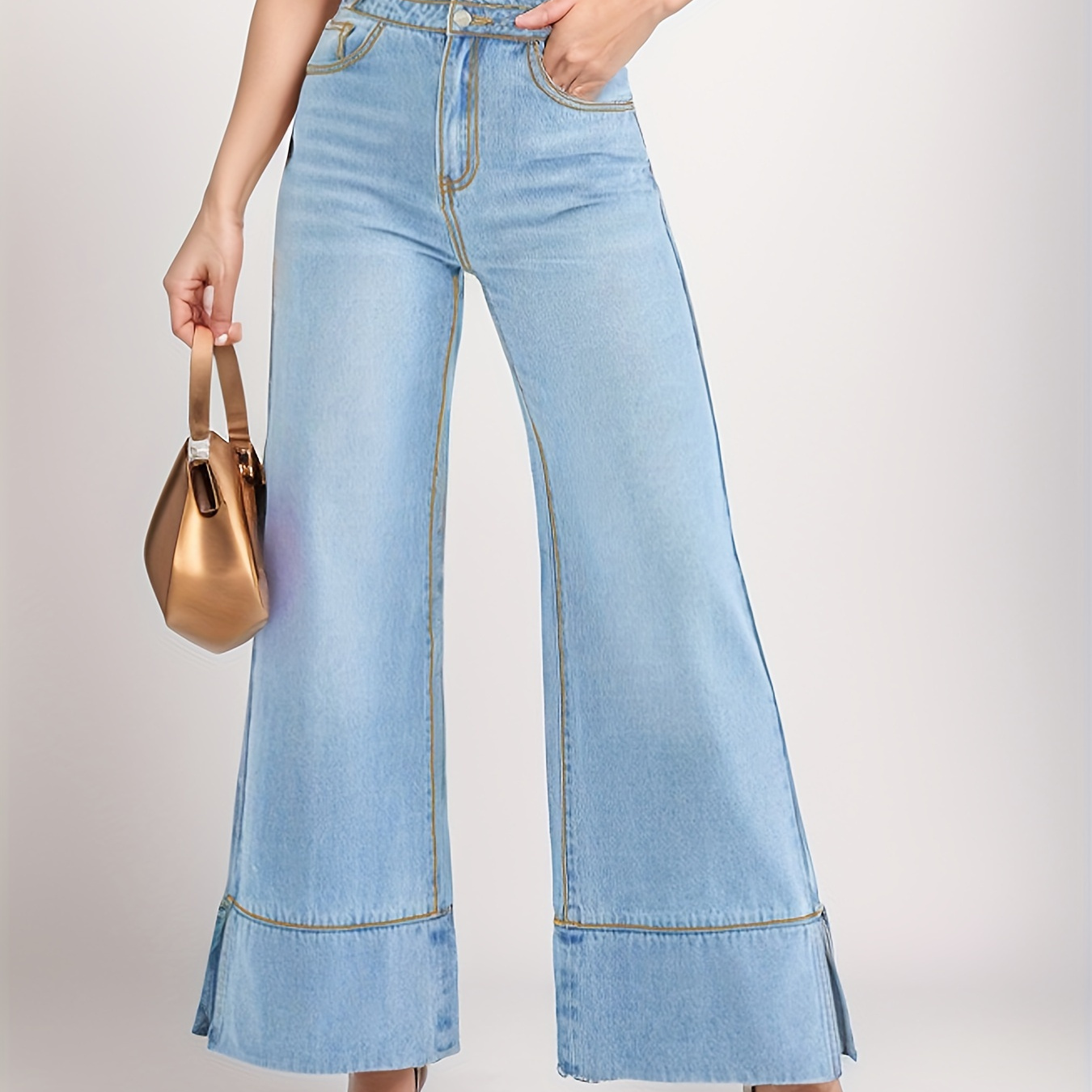 

High Waist Casual Baggy Jeans, Double Button High Stretch Wide Legs Jeans, Women's Denim Jeans & Clothing