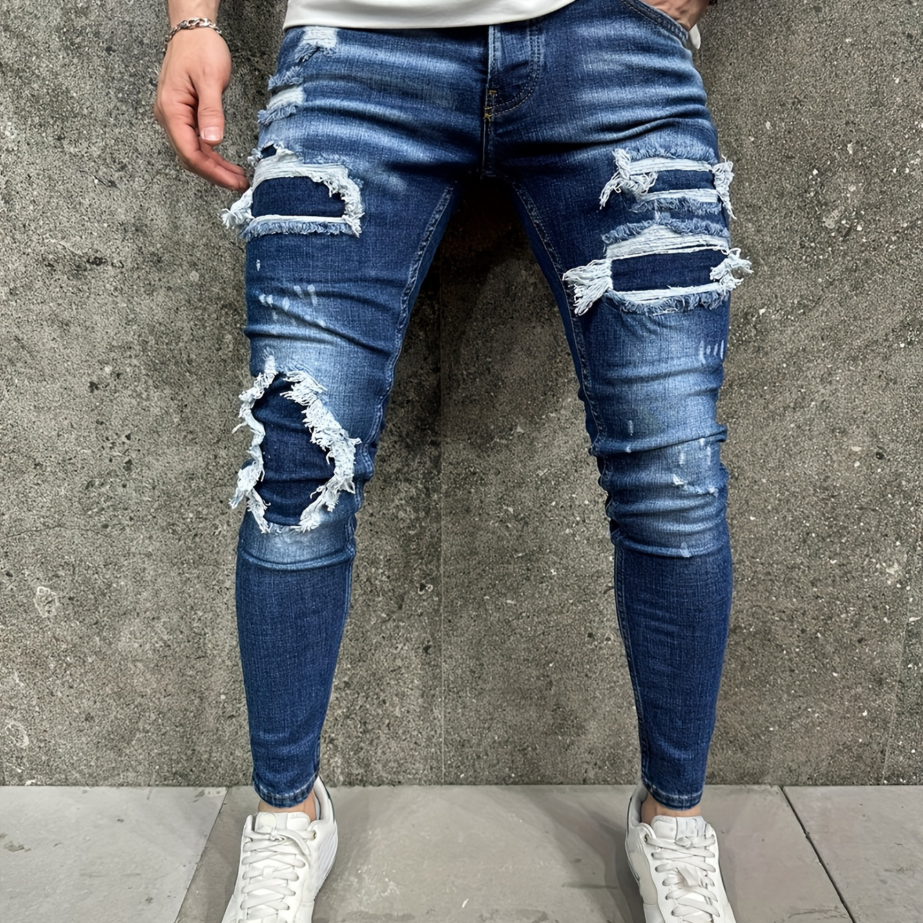 

Men's Cotton Blend Ripped Solid Denim Trousers With Pockets, Causal High Stretch Skinny Jeans For Outdoor Activities