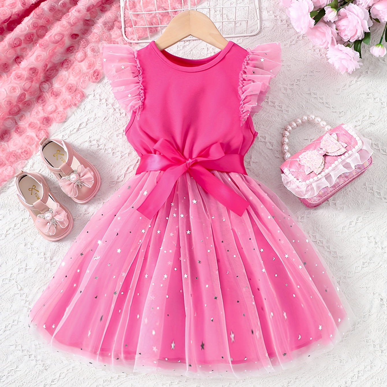 

Sweet Girls Sequin Flutter Trim Princess Tutu Dress With Bow Belt Summer Party Gift Birthday Performance