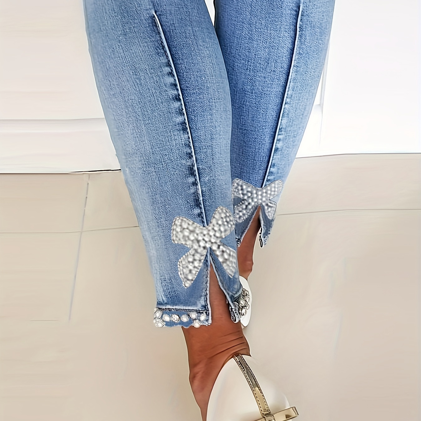 

Jean skinny bleu à haute élasticité, pantalon en denim fendu ajusté avec perles fantaisie, jeans et vêtements en denim pour femmes