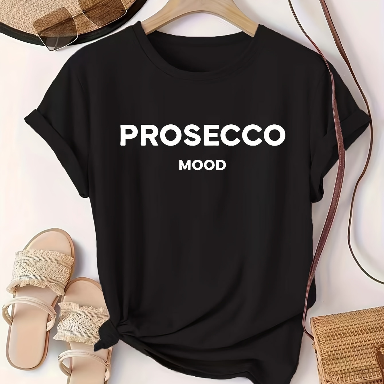 

Women's Casual Crew Neck T-shirt With "prosecoo Mood" Lettering, Polyester Knit Fabric, Short Sleeve Top For All , 200gsm - Red