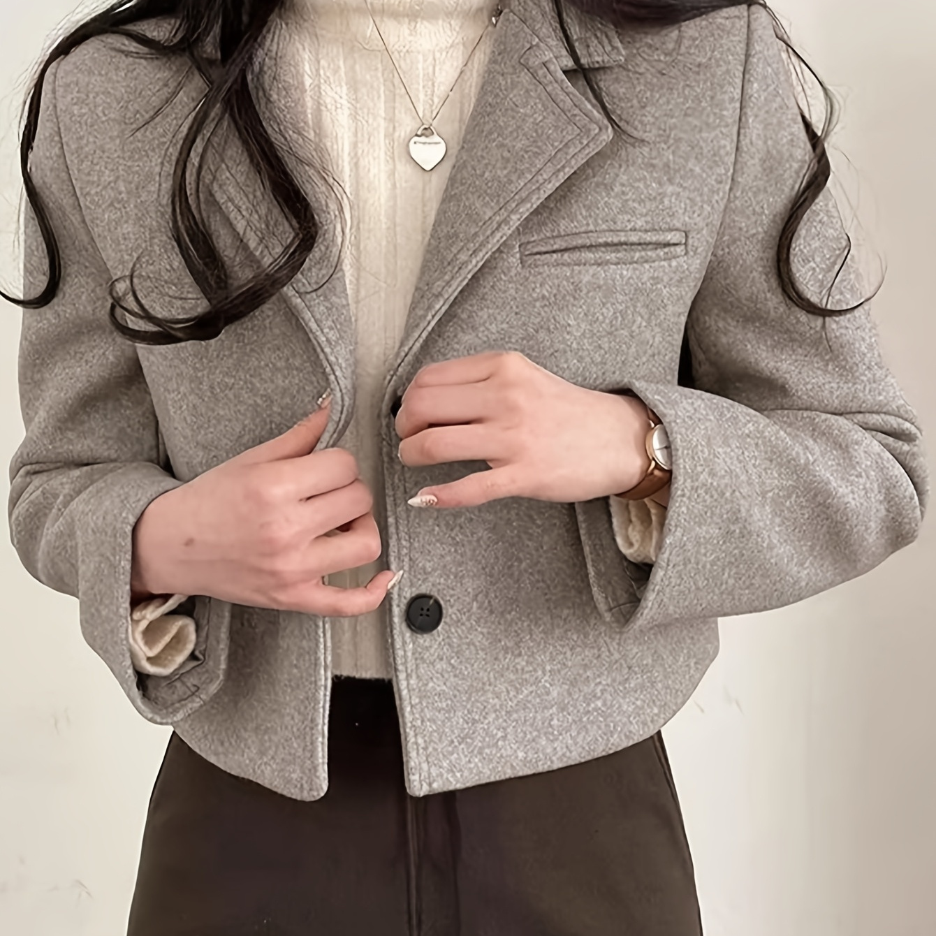 

1pc Korean Style Winter Vintage Simple Premium Notched Collar Single-breasted Solid Color Polyester Blazer With Thickened Padding, Short Length, Long Sleeve, Woven, H-fit - Fall/