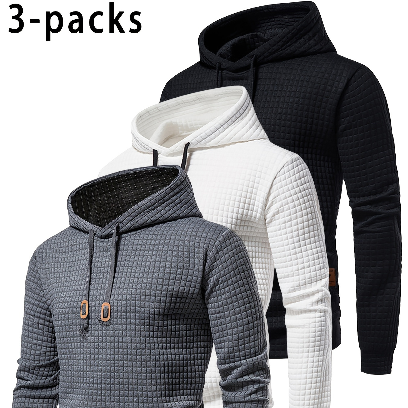 

3pcs Men's Casual Sports Hooded Sweatshirts - 100% Polyester Knit Fabric, Long Sleeve, Regular Fit, Solid Color With Pattern, Drawstring Pullover For & Training