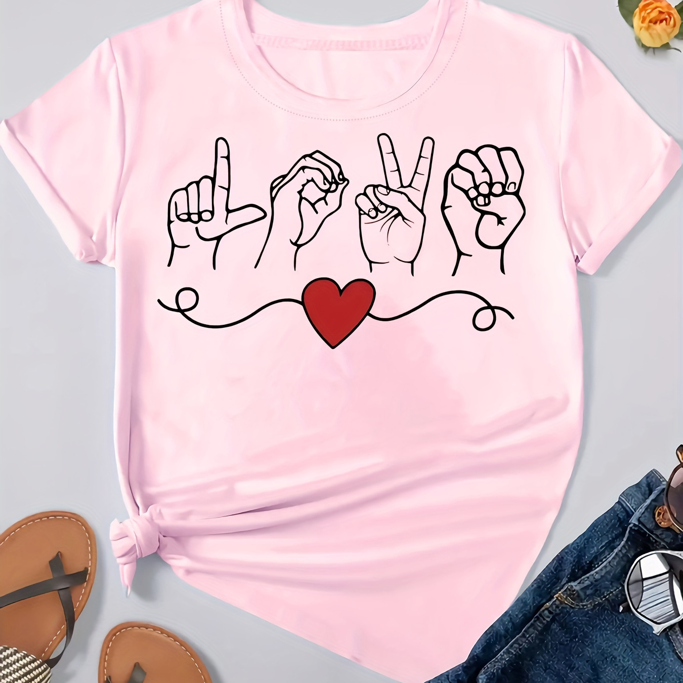 

Love Gesture Print Crew Neck T-shirt, Short Sleeve Casual Top For Summer & Spring, Women's Clothing