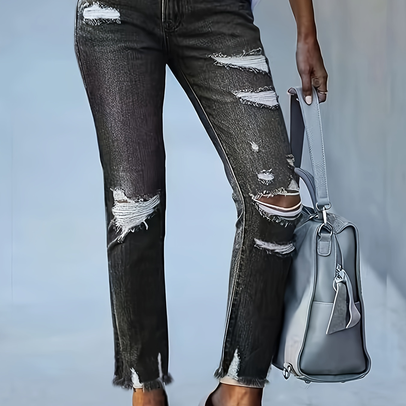 

Women's Distressed Ripped Jeans, Casual Style, Frayed Hem, Ankle Length Denim Pants, Fashion Streetwear