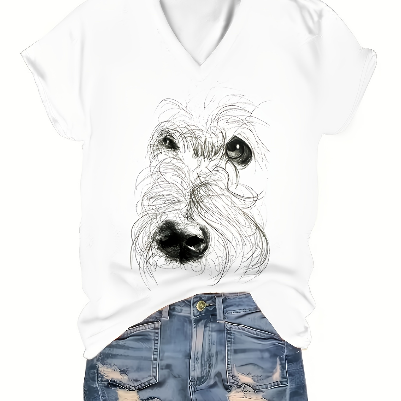 

T-shirt À Col En V Avec Motif De Patte De Chien, T-shirt Décontracté À Manches Courtes Pour Le Printemps Et L'été, Vêtements Pour Femmes