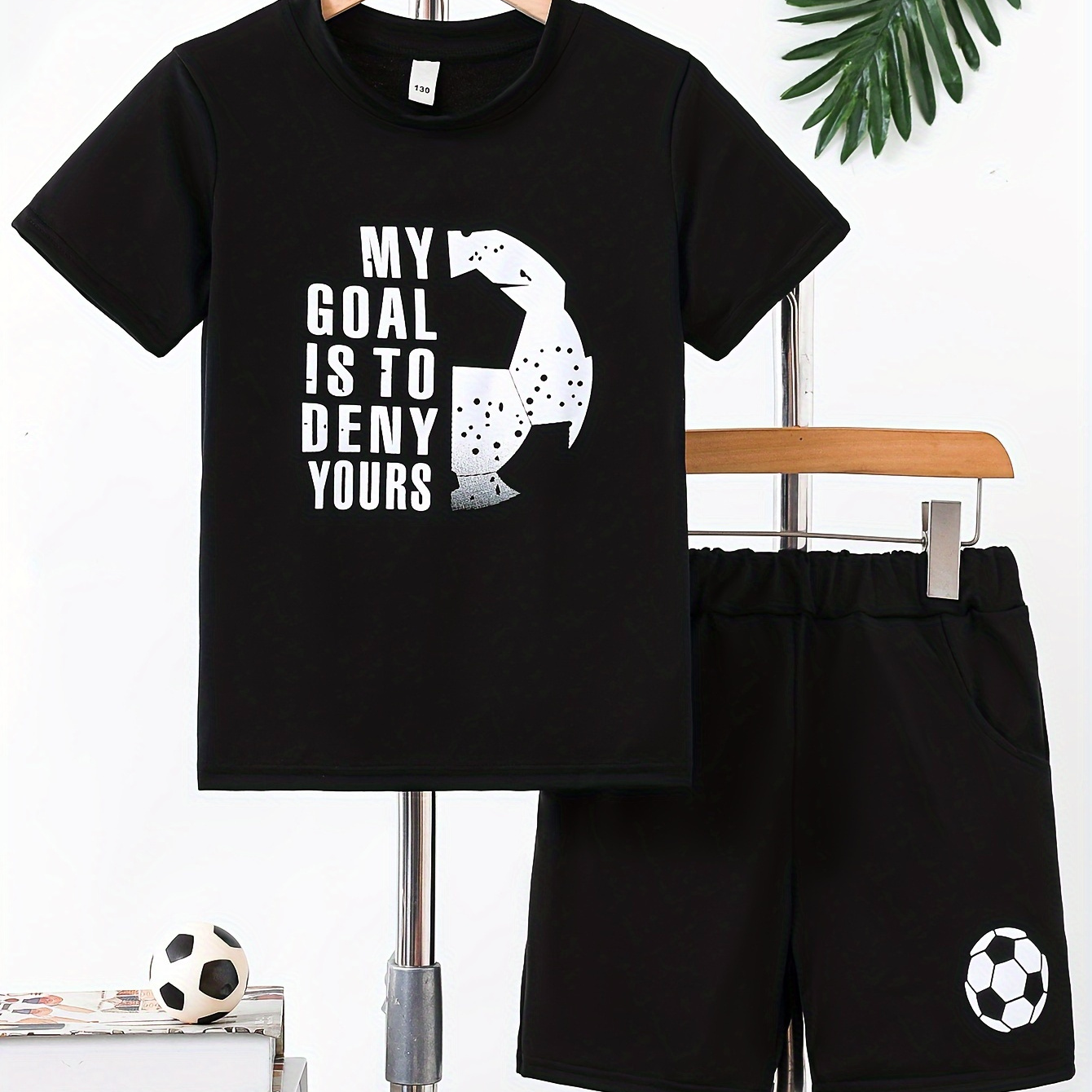 

Boys 2pcs Soccer & Letter Print Short Sleeve Outfit, Tee & Shorts Set For Casual Wear