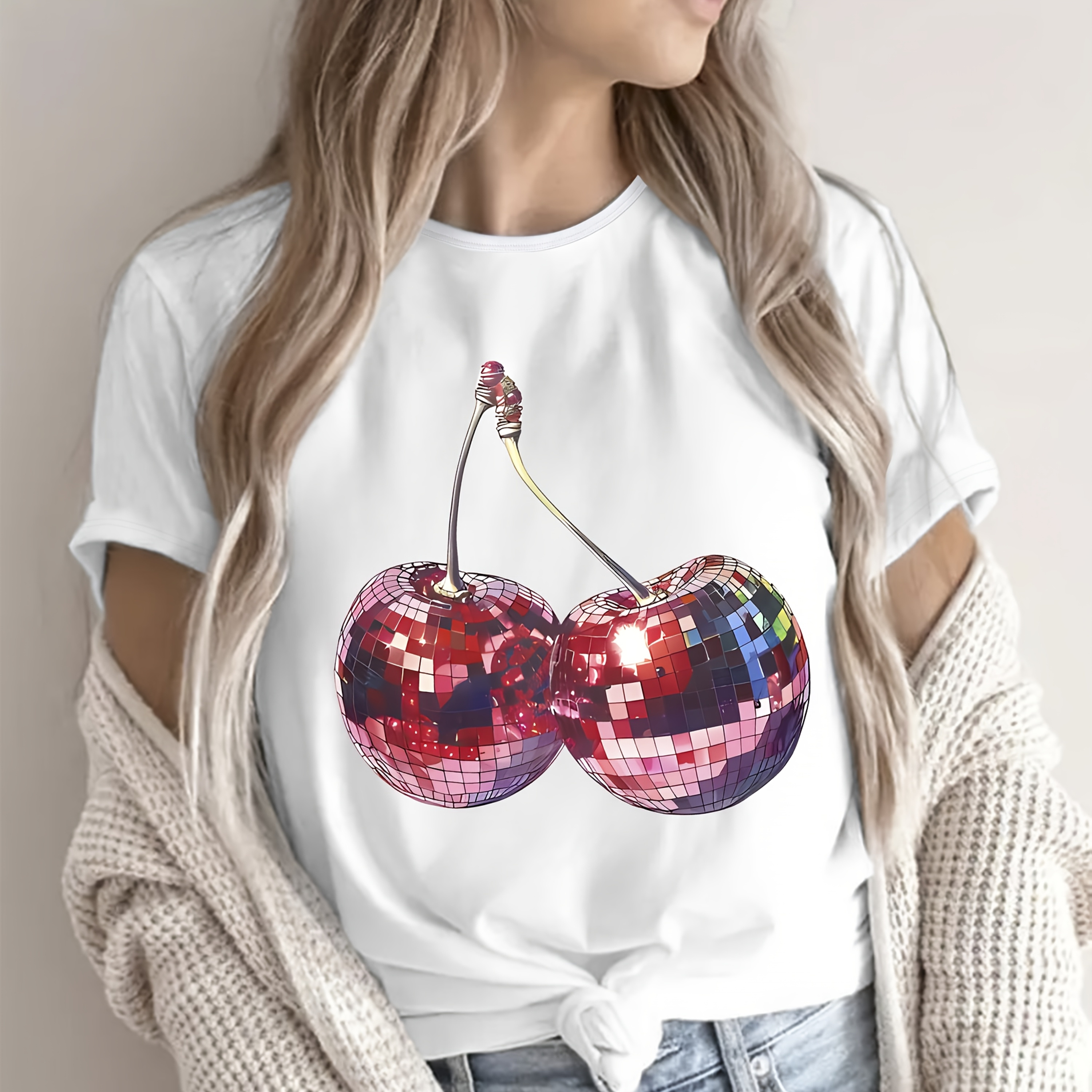 

Vibrant Disco Cherry Print T-shirt - Casual Crew Neck Short Sleeve Top, All , Machine Washable - Ideal For Parties, Dates, Outdoor Activities & More