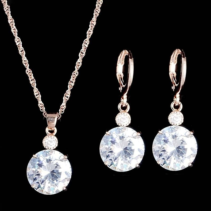 

Inlaid Round Cut Zircon Jewelry Set With Pendant Necklace & Drop Earrings Wedding Jewellery Set For Women Gift