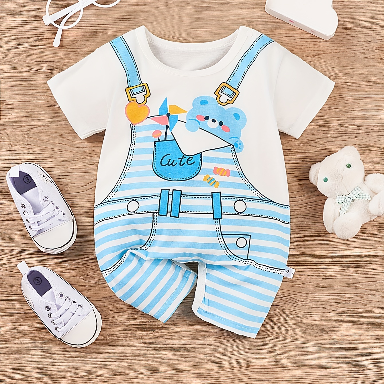 

Baby Boy's 100% Pure Cotton Romper With Cute Bear Print And Faux Suspender Shorts, Casual Summer Outfit For Newborn