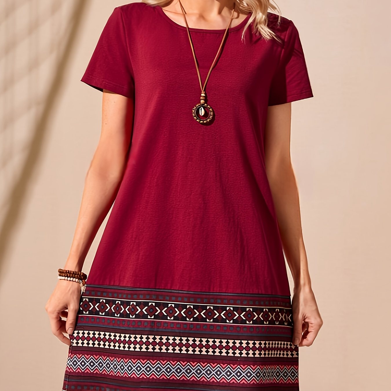 

Geo Print Crew Neck Dress, Boho Short Sleeve Loose Mini Dress For Spring & Summer, Women's Clothing
