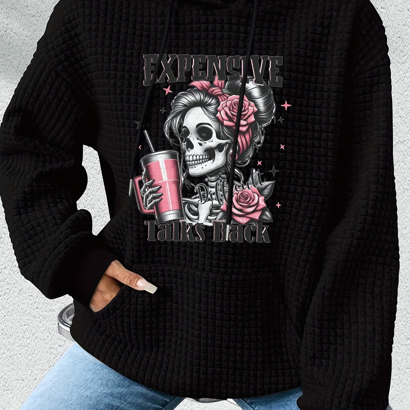 

Sugar Skull Hoodie With Embroidered Portrait Design, Casual Polyester Knit Fabric, Unisex Pullover With Hood