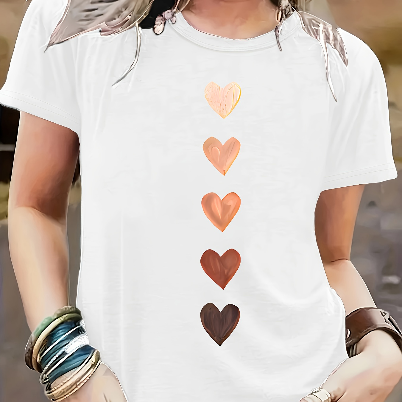 

Heart Print T-shirt, Short Sleeve Crew Neck T-shirt For , Women's Clothing