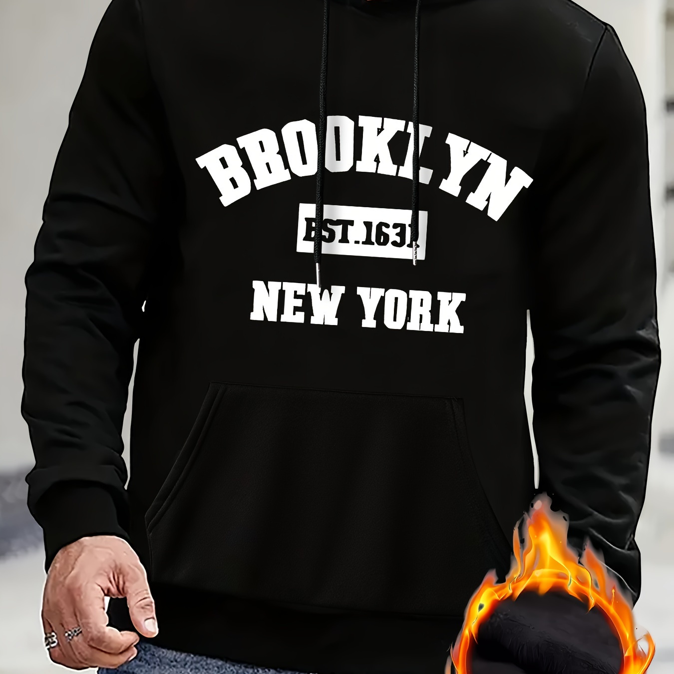 

Brooklyn New York Print Sweatshirt, Men's Fleece Long Sleeve Hoodies Street Casual Sports And Fashionable With Kangaroo Pocket, For Outdoor Sports, For Autumn Winter, Warm And Cozy