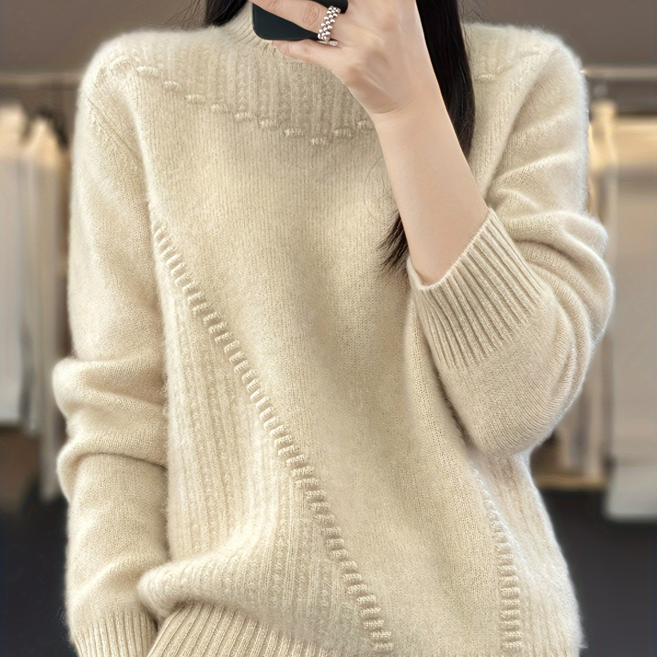 

Winter Casual Cashmere Pullover Sweater For Women - High Neck, Long Sleeve, Solid Color Knit With Collar Detail - Acrylic And Cashmere Knitted Fabric, Regular Length