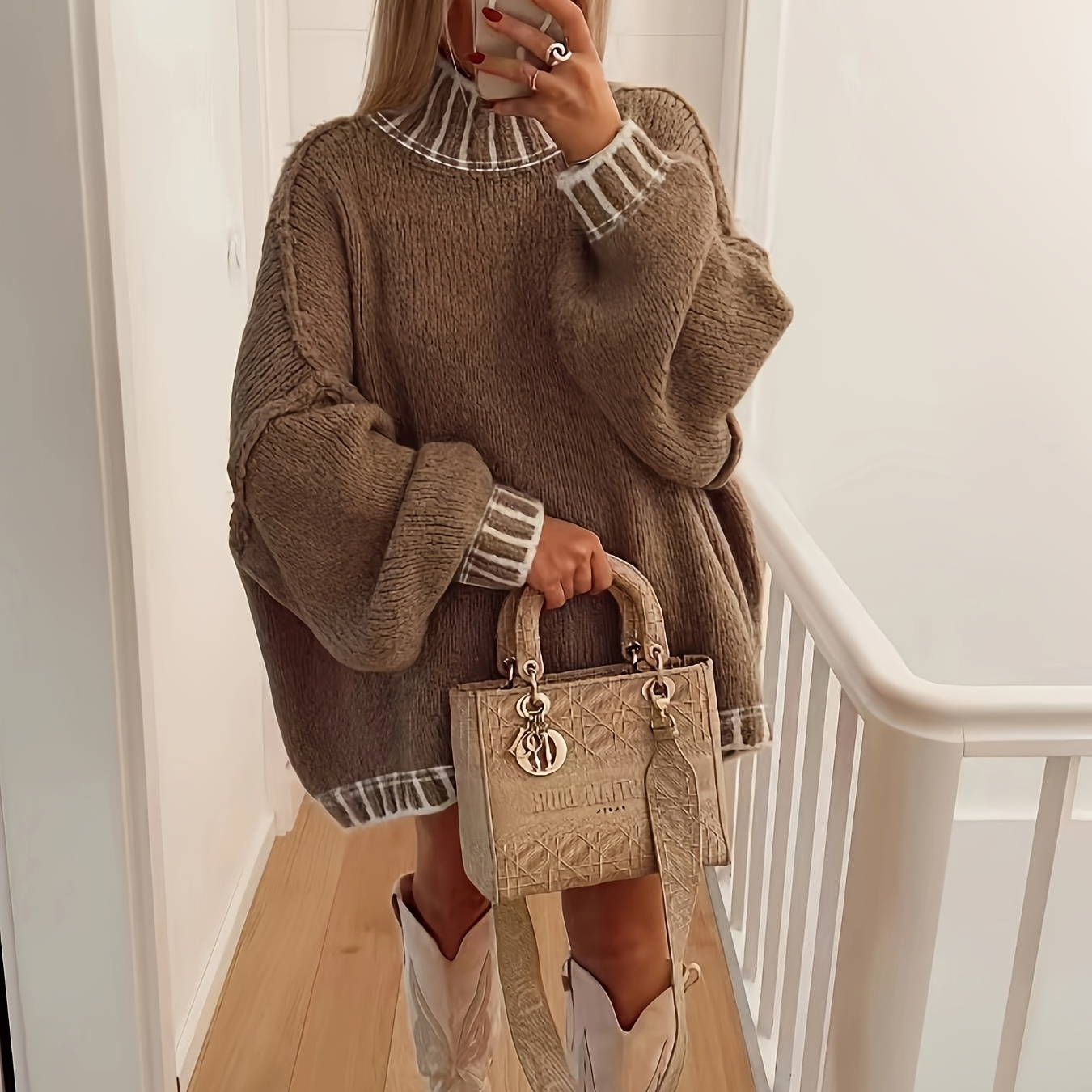 

Oversized Turtle Neck Pullover Sweater, Elegant Long Sleeve Drop Shoulder Sweater For Fall & Winter, Women's Clothing