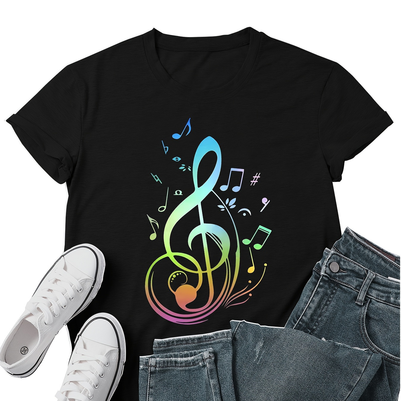 

Musical Note Print T-shirt, Short Sleeve Crew Neck Casual Top For Summer & Spring, Women's Clothing