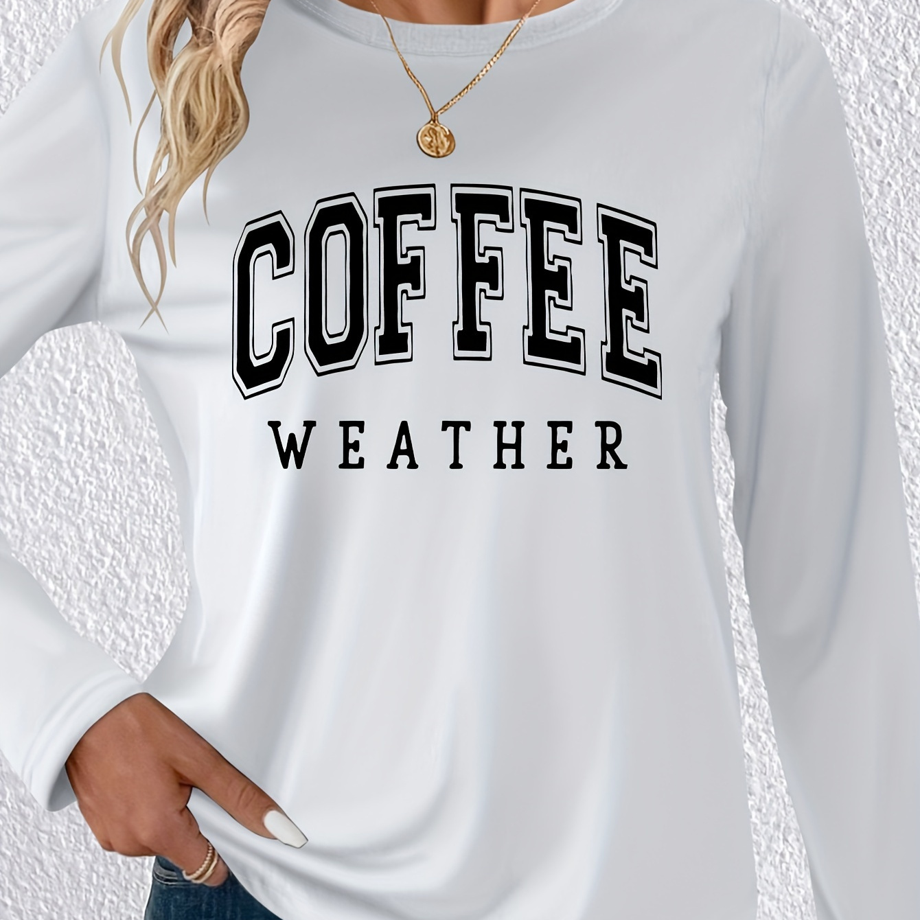 

Coffee Letter Print T-shirt, Long Sleeve Crew Neck Casual Top For Spring & Fall, Women's Clothing