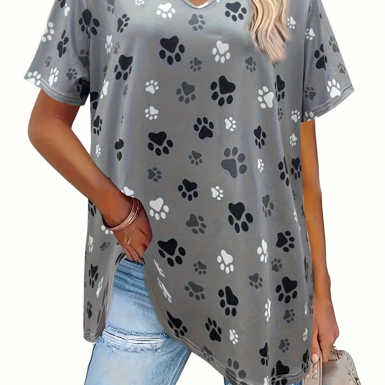 

Women's Plus Size Casual T-shirt With Allover Paw Print, Short Sleeve V-neck, Stretch Polyester Fabric - Machine Washable