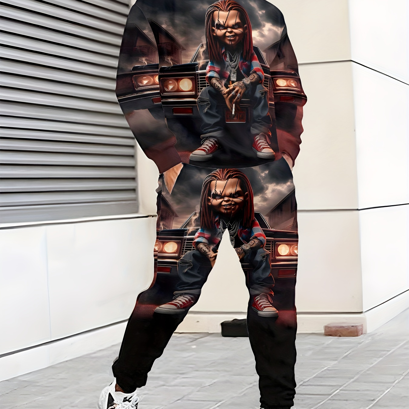 

Men's Novelty Car-themed Polyester Casual Tracksuit With Hood - Knit Fabric, Printed Design, Long Sleeve Hoodie And Pants Set With Slight Stretch - Regular Wear