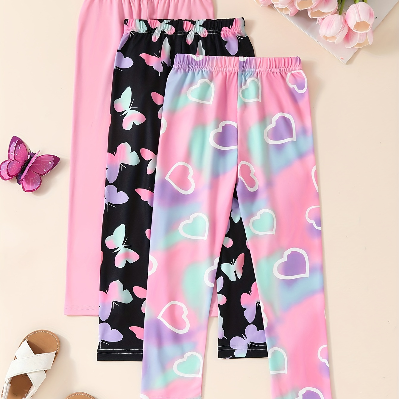 

Girls 3pcs/set Stretchy & Comfy Hearts/butterflies/solid Colored Print Pants For Spring & Fall