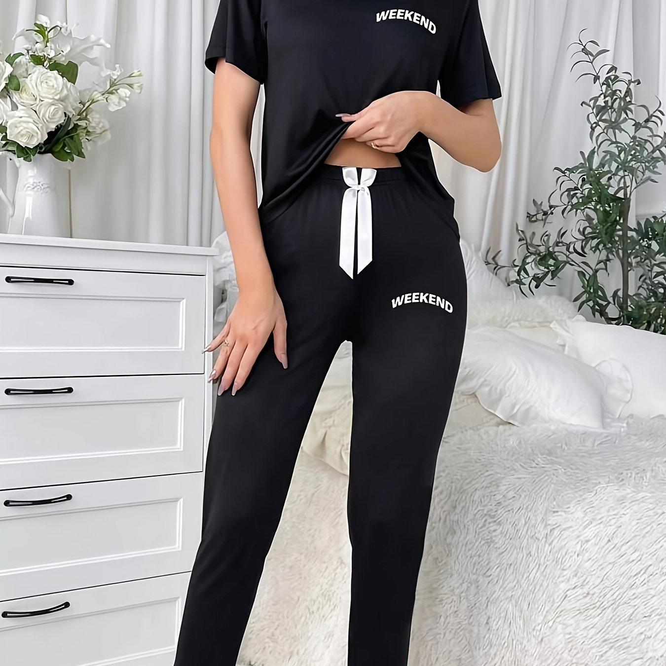 

Women's Letter Print Casual Pajama Set, Short Sleeve Round Neck Top & Bow Pants, Comfortable Relaxed Fit