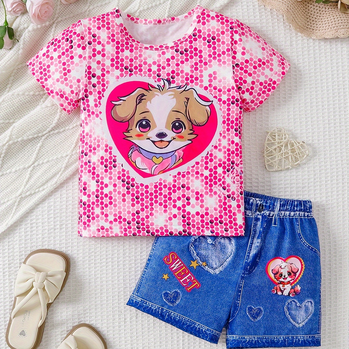 

Girl's Sweet Puppy Outfit, Short Sleeve Top + Imitation Denim Pattern Legging Shorts Casual Set, Holiday Summer 2pcs Girls Clothes