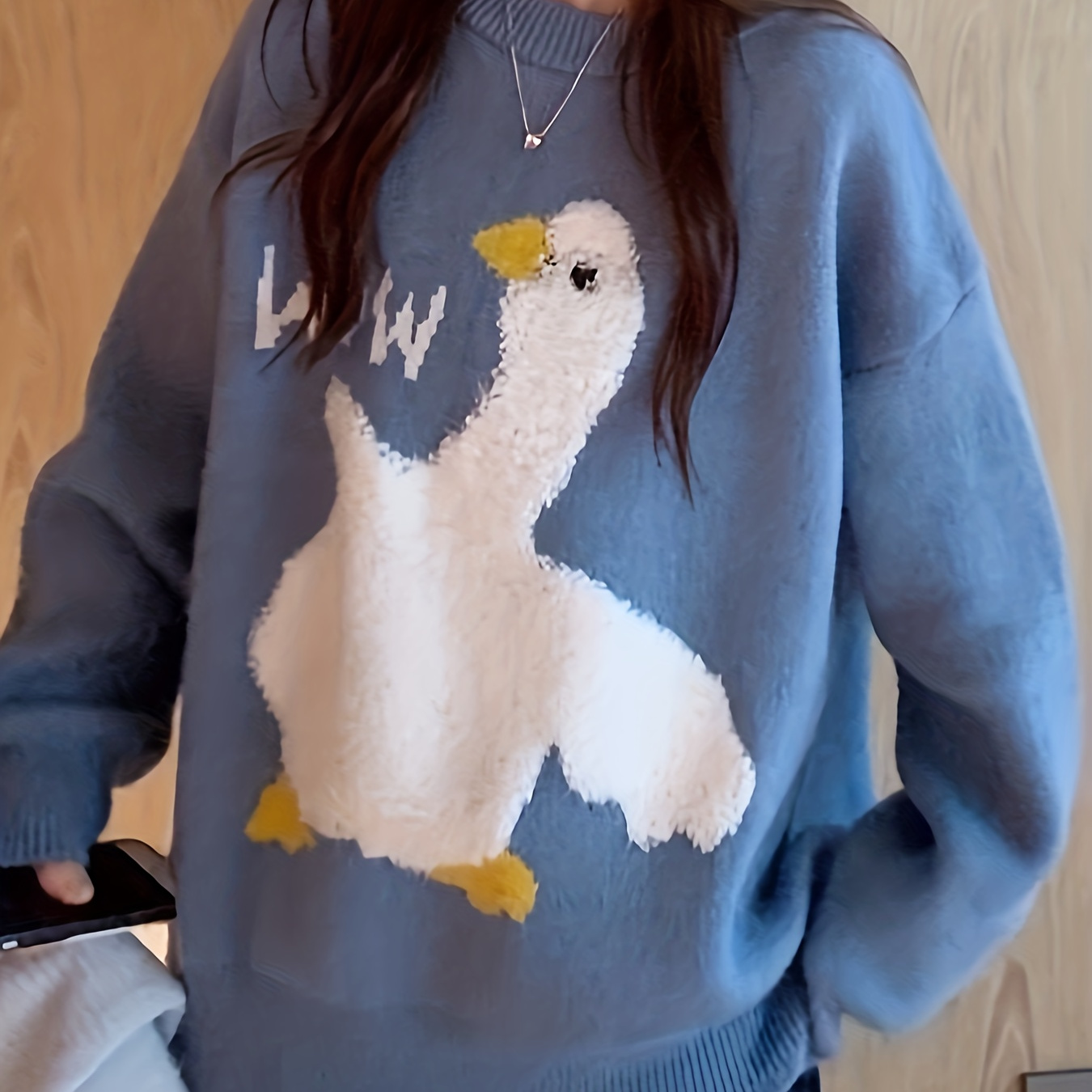 cartoon goose pattern pullover sweater vintage crew neck Temu