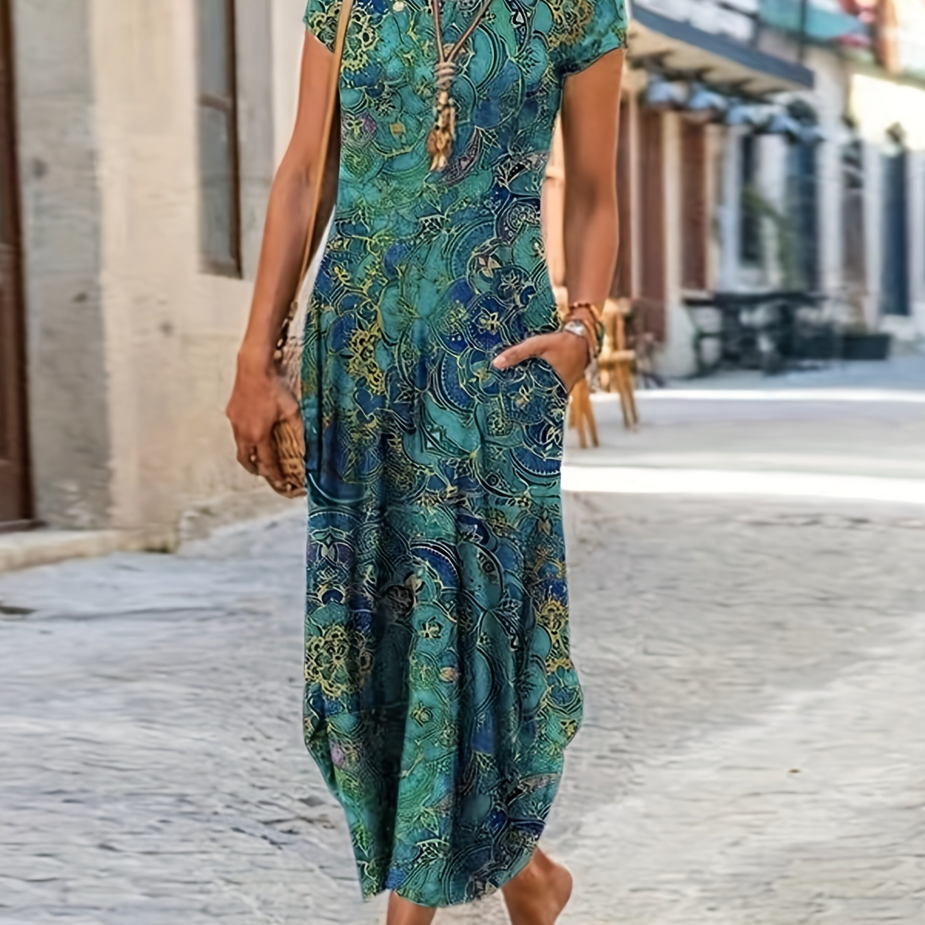 

Plus Size Elegant Dress, Women's Plus Mandala Print Short Sleeve Round Neck Round Hem Maxi Dress