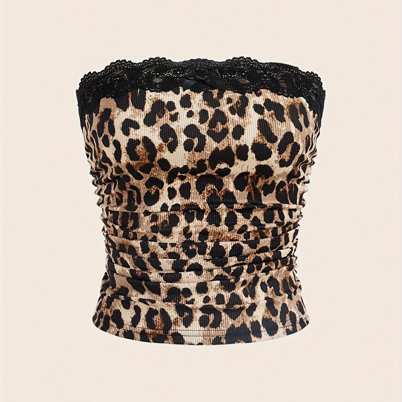 

Leopard Print Lace Trim Top, Elegant Strapless Top For , Women's Clothing