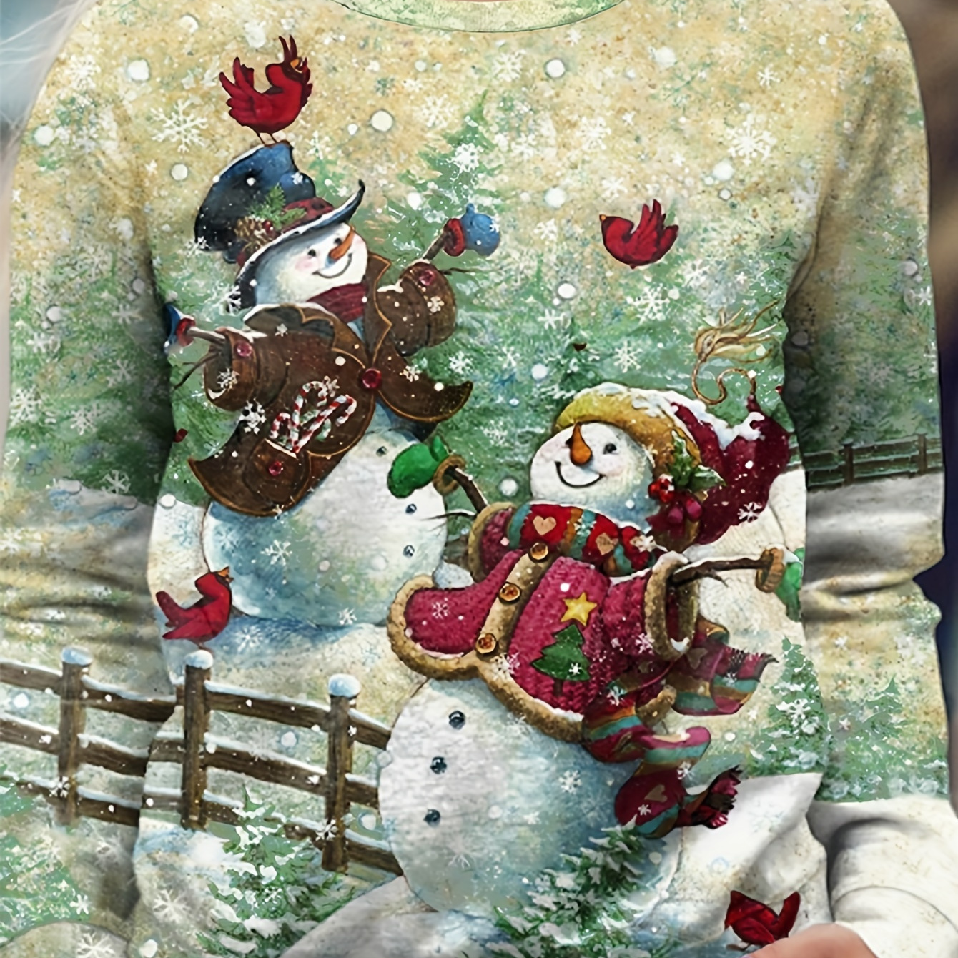 

Women's Festive Christmas Snowman Print Casual Sweatshirt - Polyester Blend Crew Neck Knit Pullover For Fall/winter