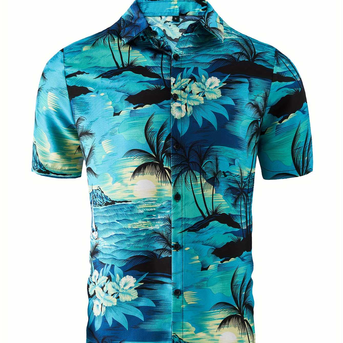 

Hawaiian Trees And Flowers Pattern Men's Short Sleeve Button Down Shirt, Summer Beach Leisure And Vacation