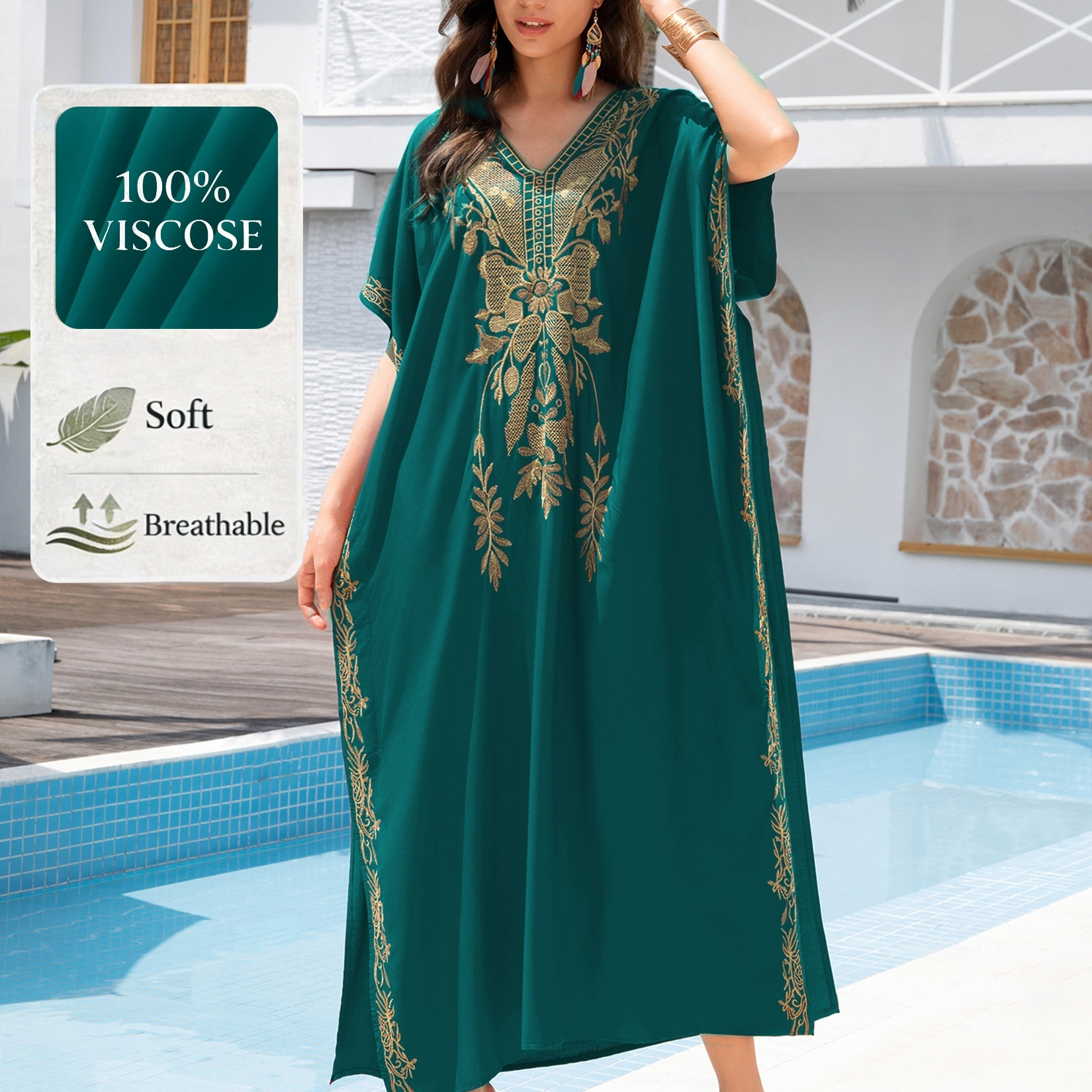 Plus Size - Plus Size - 2024 Summer Plus Size Kaftan Dress for Women with *  Embroidery And Batwing Sleeves * Beach Vacations And * V Neck Style Q1702