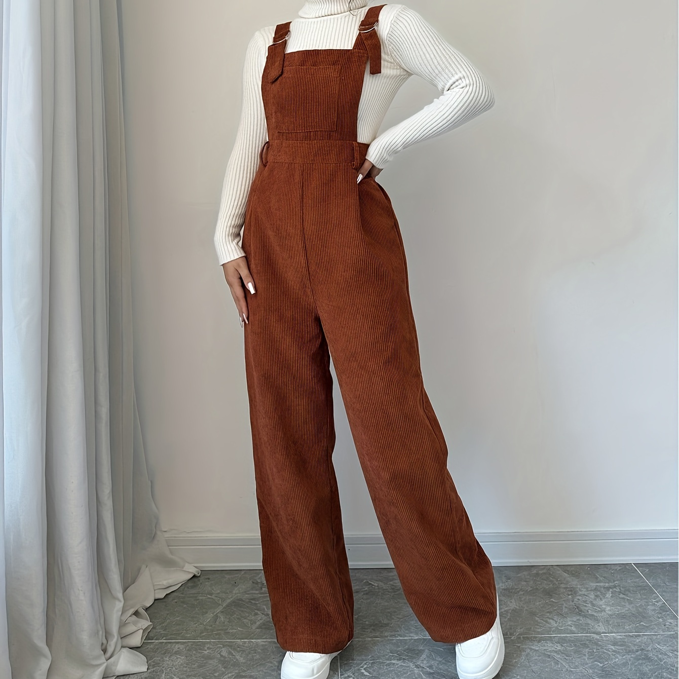 

Women's Casual Spandex Polyester Corduroy Jumpsuit, Solid Color Wide Strap Back Overalls With Button For Fall/winter