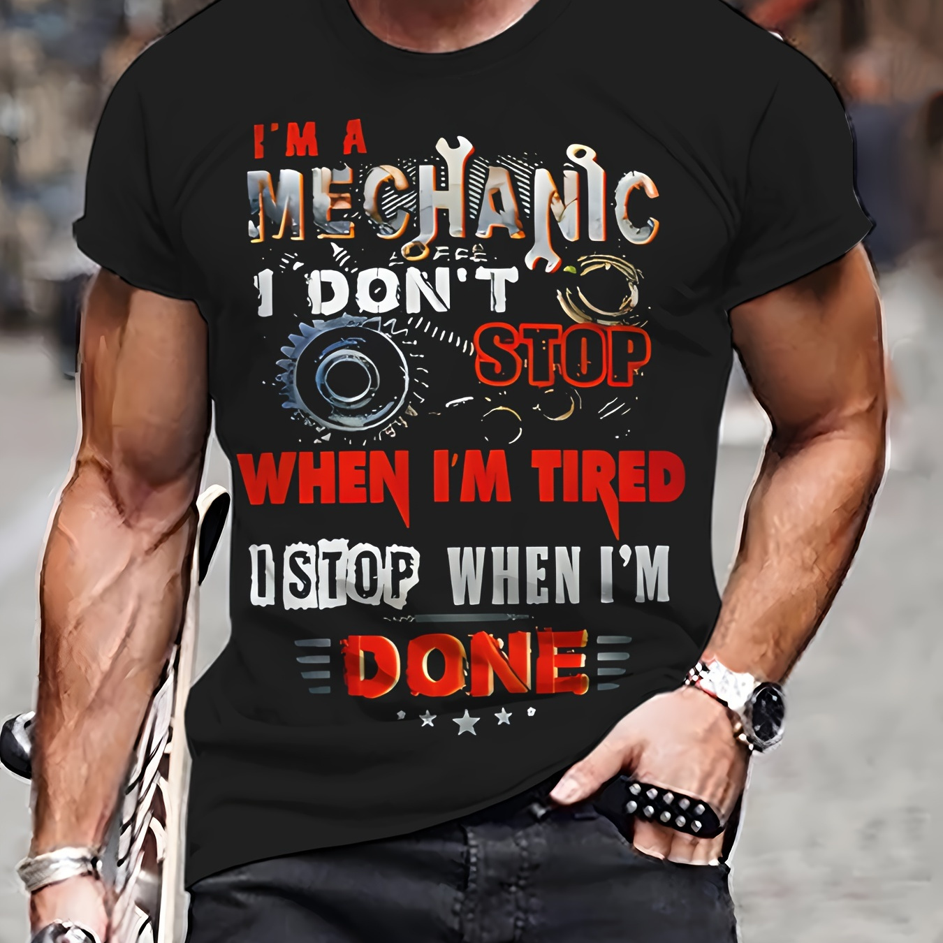 

Mechanic Stop When I'm Print, Men's Crew Neck Short Sleeve T-shirt, Casual Tops For Men, Men's Comfy Clothing For