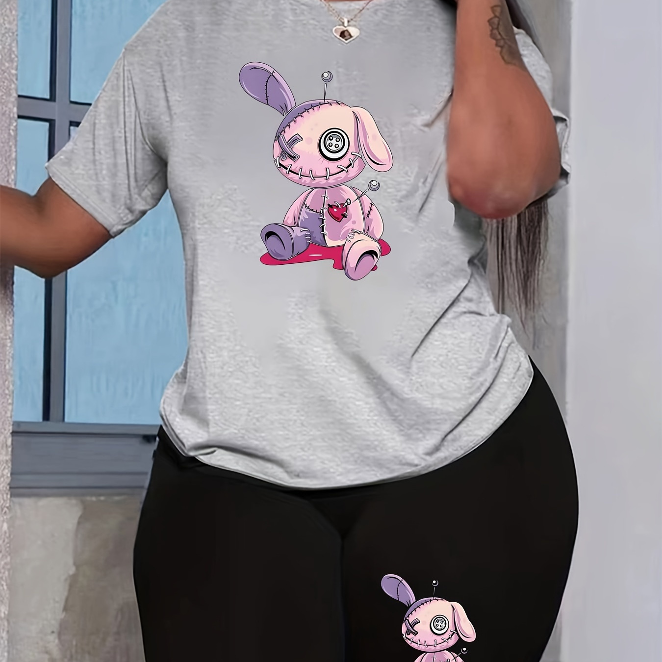 

Plus Size Cartoon Print Two-piece Set, Crew Neck Short Sleeve Top & Shorts Outfits, Women's Plus Size Clothing
