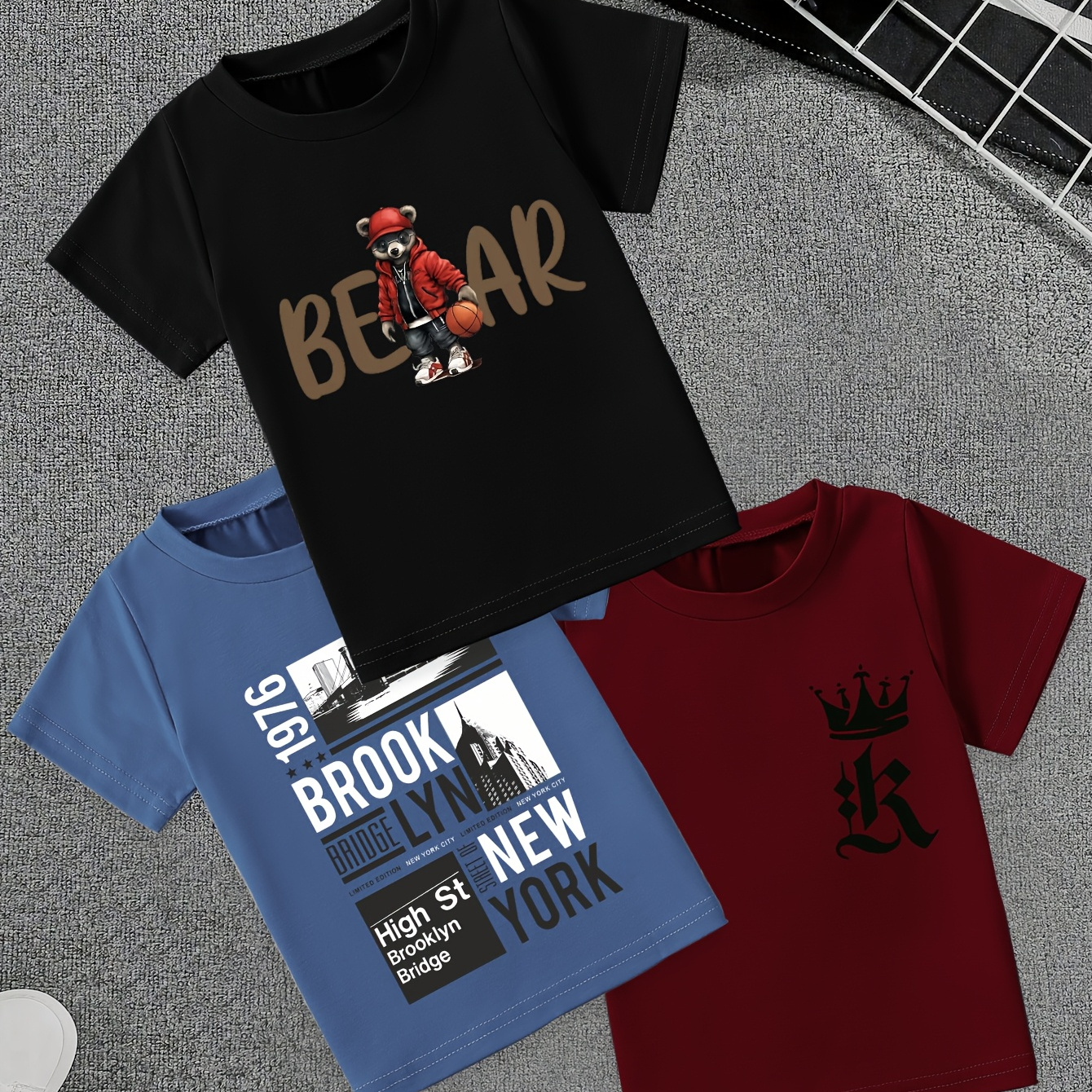 

Valentine's Day, Ramadan, Cartoon Bear, Letter Print, Stylish Breathable Lightweight Short-sleeve T-shirt For Boys, Pack Of 3