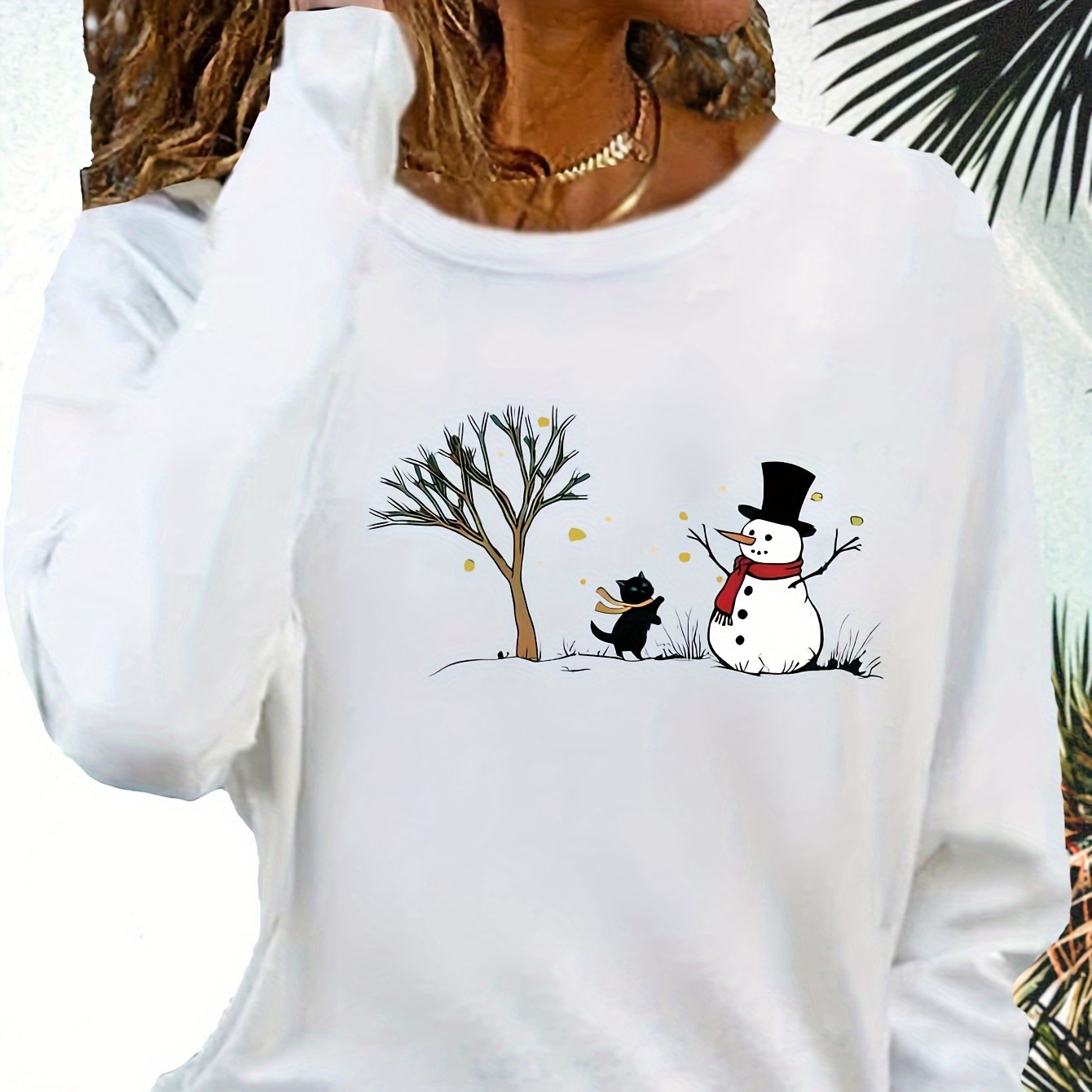 

1pc Women's Christmas Print Long Sleeve T-shirt, Casual Round Neck Polyester Knit Top With Snowman And Cat Graphic, Regular Fit Pullover Shirt For All