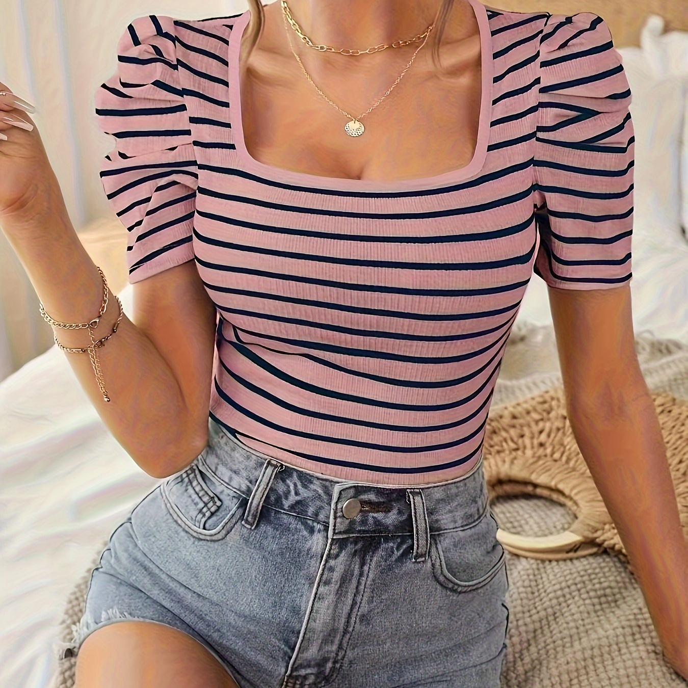 

Striped Print Puff Sleeve T-shirt, Elegant Square Neck Top For Spring & Summer, Women's Clothing