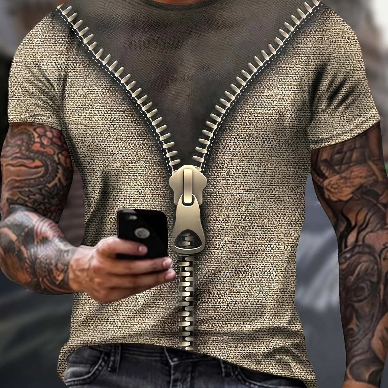 

Men's 3d Digital Giant Zipper Pattern Print T-shirt, Novel And Stylish Crew Neck Short Sleeve Tee For Summer, Tops For Leisurewear